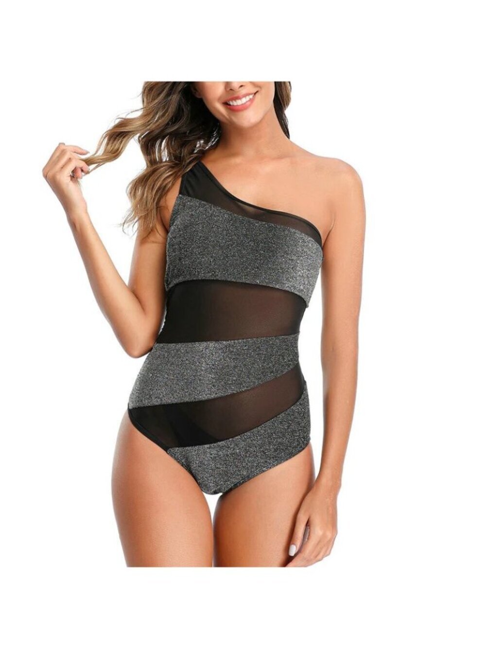Coeur De Vague One Shoulder Silver Black Mesh 1 Piece Swim Suit Size L Beach